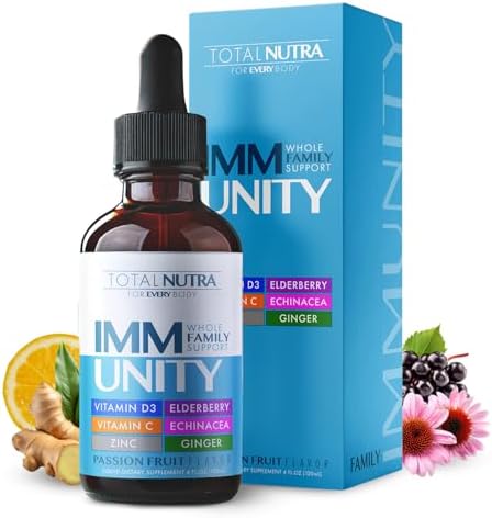 Total Immune 6-in-1 Liquid Multivitamin Supplement | 100% Daily Zinc, Vitamin D3, Vitamin C Immunity Drops Vitamin Liquid | Elderberry, Echinacea, Ginger Support for Adults & Kids | 4 oz Passion Fruit
