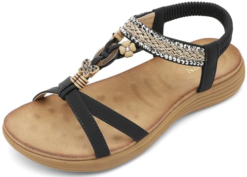 Image of UBFEN Womens Bohemian Flat Sandals With Back Strap Summer Beach Comfortable Bling