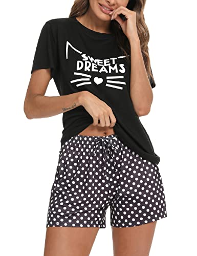 Uniexcosm Pyjama Coton Femme Ensemble Court Col Rond Manches Courtes Vêtement de Nuit Short Poches...