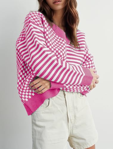 Image of UNCLECAT Womens Striped Checkered Sweater V Neck Fall Trendy Pullover Tops | Long Sleeve, Winter Clothes, Soft Jumpers, Business Casual Outfits, Cute, Fashion, Knitted Sweaters