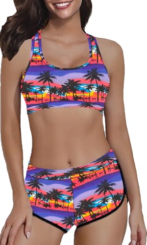 Women's 2 Piece Bandage Sporty Bathing Suit Scoop Neck Boyshorts Bikini Swimsuit3