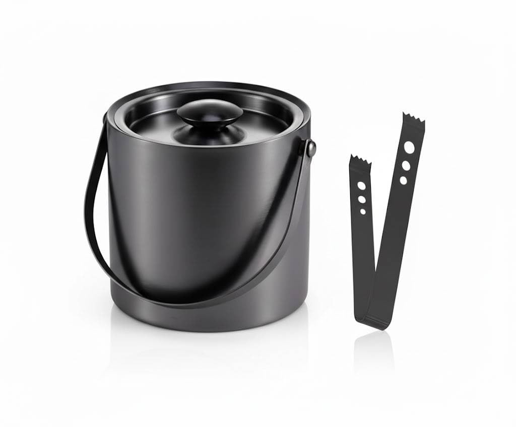 finality Stainless Steel Insulated Double Walled Black Ice Bucket with Lid & Handle, 1.5L, Ice Tong, Keeps Ice Cold for Long Hours, Bar Tools for Home Bar Accessories, Mini Bar