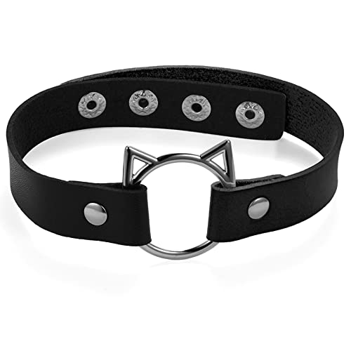 Flongo Gargantilla Mujeres Niñas Collar Negro Hip Hop Punk Retro Recorte Orejas de Gato Collar de Cordón de Cuero Ajustable para Mujer,Negro