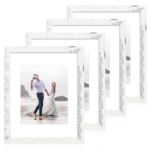 iRahmen 11x14 Picture Frame Set of 4 with Tempered Glass, Distressed White Frame Display 8x10 Picture with Mat or 11 x 14 Without Mat, Wood Rustic Photo Frames for Horizontal or Vertical Wall Mounting