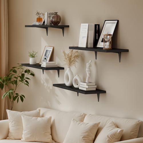 Image of SKYSEN Floating Shelves for Wall Set of 6, 23.6in Wood Wall Shelf for Decor, Bathroom, Bedroom, Storage, Book,Kitchen, Living Room - Black(fs-60-b)
