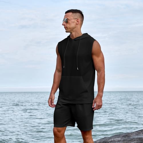 Uni Clau Men's Short Sleeve Summer Tracksuit Hooded Tanks Tops Sweatsuit 2 Piece Casual Sports Shorts Set2