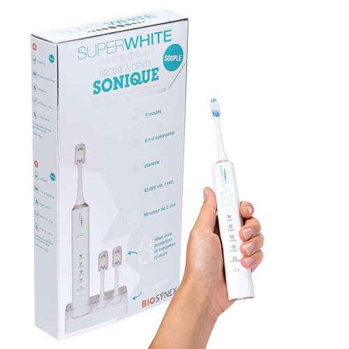 SUPERWHITE - Biosynex - Brosse à Dents Électrique Sonique - Rechargeable - 5 Modes de Brossage - 3 Mois d'Autonomie - Minuteur de 2 Min - Contient 1 Manche et 3 Brossettes - Couleur Blanche