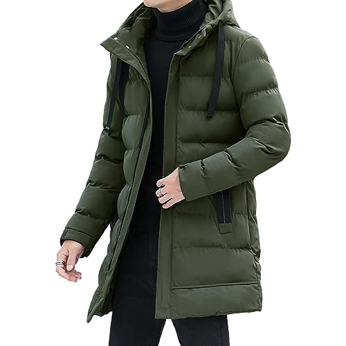 aromm Men's Winter Warm Jacket with Hood Mid Length Zip up Quilted Padded Puffer Coats Green, M
