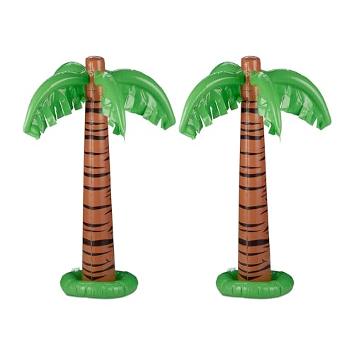 Relaxdays aufblasbare Palme, 2er Set, Partydeko, Pool & Strand, Hawaiipalme groß, 80 cm hoch, Plastikpalme, grün-braun