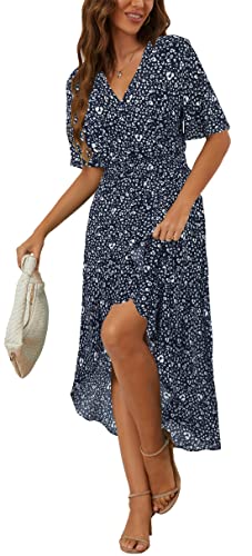 Image of Kormei Womens Short Sleeve Floral Maxi Dress High Low V-Neck Flowy Party Long Dresses S Navy Blue /White Floral