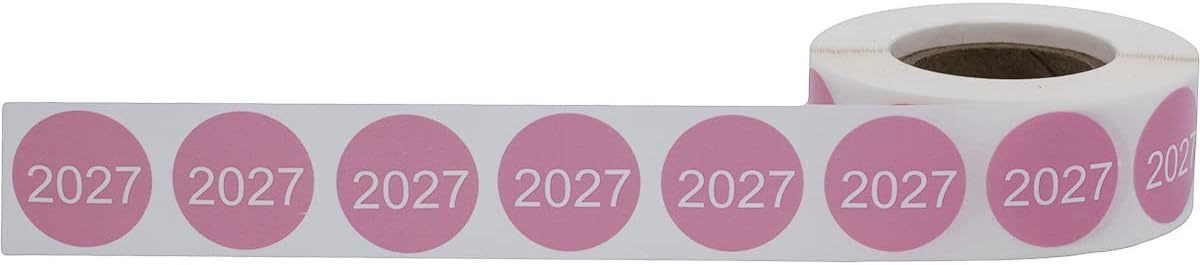 InStockLabels 2027 Year Stickers (Pink) - 0.75", 500 Round Stickers Per Roll – Round Labels for File Folders, Sticker Labels for End of Year Organization, Circle Stickers for Office & Home Use
