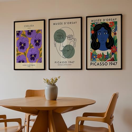 Image of NoWorries Modern Abstract Wall Art Frame | London Chelsea Floral Print & Picasso' Inspired Wall Art Paintings 300 GSM Premium Prints | Stylish Home Decor for Living Room, Office & Bedroom | Synthetic Wooden Wall Art Frames (Set of-3) (BLACK, ART-10, 10X13INCHES)