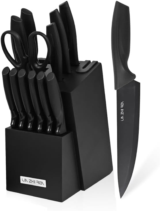 Knife Set with Block, 15-Piece Kitchen Knife Set, Built-in Sharpener, Kitchen Knives for Chopping, Slicing, Dicing, Dishwasher-Safe, Black