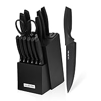 Messerset mit Block, 15-teiliges Küchenmesser-Set, eingebauter Schärfer, Küchenmesser zum Hacken, Schneiden, Würfeln, spülmaschinenfest, schwarz