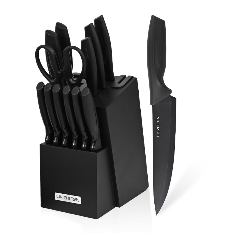 Messerset mit Block, 15-teiliges Küchenmesser-Set, eingebauter Schärfer, Küchenmesser zum Hacken,...