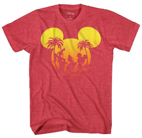 Disney Mickey Mouse Donald Duck Goofy Sunset Adult Mens Graphic T-Shirt (SM, Red Heather)