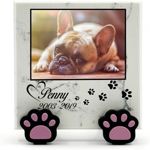 TULLUN Personalised Memorial White Marble Stone Plaque With Paw Dispaly Stand For Pet Cat Dog Grave Marker - Size |4" x 4" or 10 x 10 cm|- Angel Wings Name