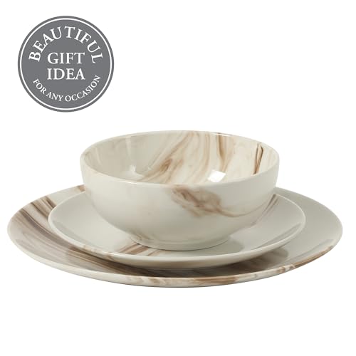 Image of Gibson Home Cloudlight 12 Piece Plates and Bowls Dishes Brown and White - Decorated Porcelain Ceramic Dinnerware Set - Service for 4