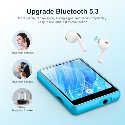 Image of SWOFY 64GB MP3 Player with Bluetooth 5.3, 2.4-Inch Full Touch Screen, Portable Lossless Sound Music Player with HD Speaker, MP3 with FM Radio Recording e-Book, Record, Earphone Included-Blue
