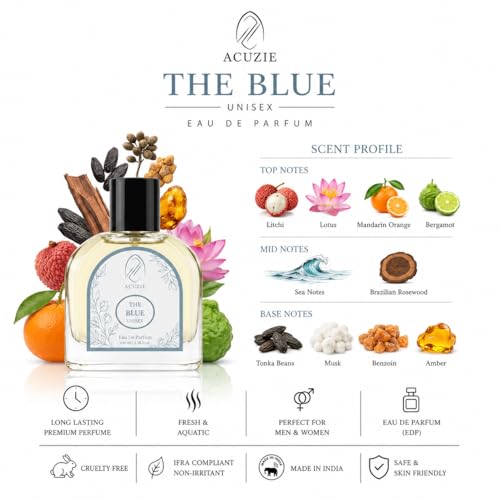 Image of The Blue 100ml Perfume for Men & Women | Long Lasting Fresh Aquatic Luxury Eau De Parfum EDP Fragrance | Unisex Daily Wear Body Scent