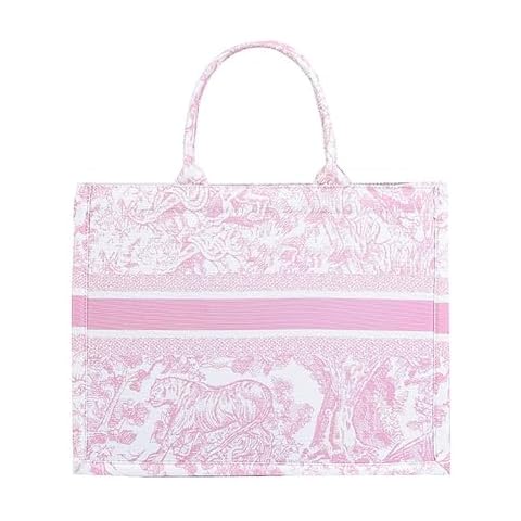 Fashion luxury tote bag cotton linen one shoulder handbag large capacity jacquard embroidery retro exquisite graffiti (Pink) Cover