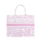 Fashion luxury tote bag cotton linen one shoulder handbag large capacity jacquard embroidery retro exquisite graffiti (Pink)