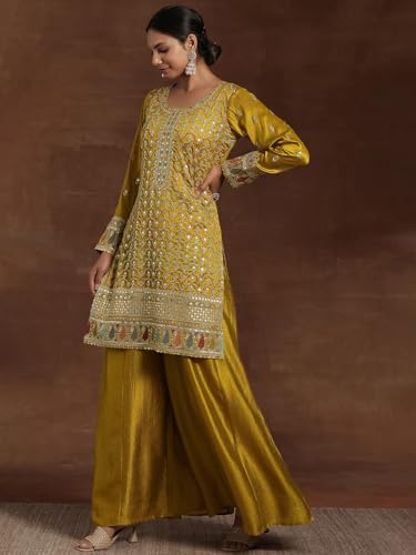 Image of Libas Womens Embroidered Silk Blend Straight Kurta with Palazzos and Dupatta | ethnic wear | bridal suit | wedding dress | occasion wear