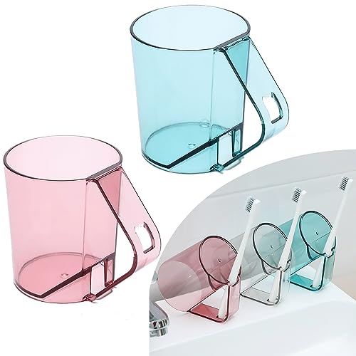 歯磨きコップ 透明 うがいコップ 抗菌 歯ブラシコップ 歯ブラシホルダー付き 簡約 超軽量 プラスチック製 カビ防止 割れない 水切り 持ち手 おしゃれ 携帯便利 洗面用品 洗面所 浴室 家族用 逆に置き可能 男女兼用 2個セット (青色+ピンク)