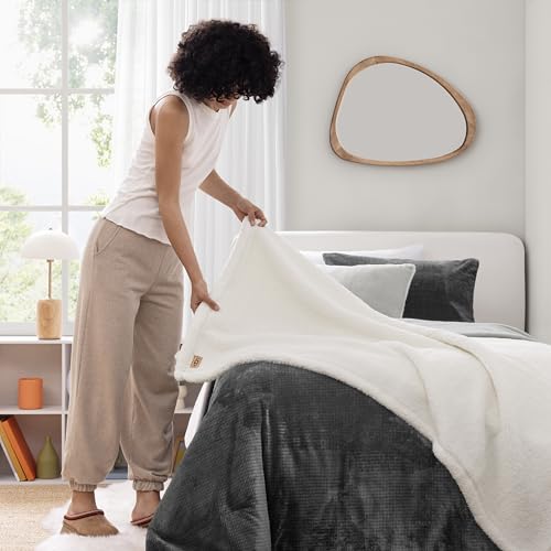 Image of UGG Remina Twin Comforter Set 4 Piece Bed in a Bag with Throw Blanket, Decorative Pillow, Sham, and Reversible Comforter Hypoallergenic Washable College Dorm Bedding, Twin XL, Charcoal Grey