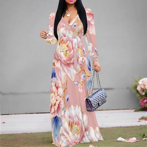 Image of Women Maxi Dresses Church Dress Floral Bohemian Long Sleeve Formal Wrap Boho Wedding Guest Pink Spring Clothes 2026
