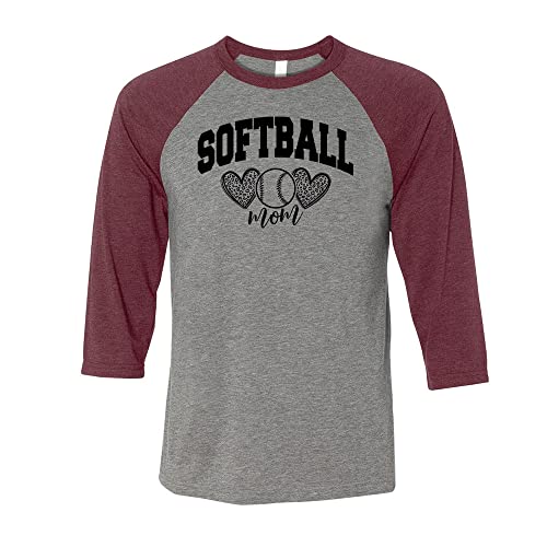 TeesAndTankYou Arch Softball Mom Three-Quarter Raglan Sleeve Baseball Shirt Unisex Medium Grey/Maroon