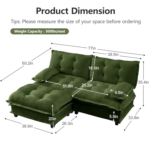 Image of 77 inch L-Shaped Sectional Couches for Living Room, Green 2 Seater Modern Chenille Deep Seat Sofa Set, Salas para Casa, High Back Love Seat Couches, Cloud Modular Sectional Sets with Ottoman