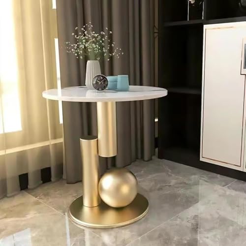 Mesa auxiliar de estilo moderno con acabado premium efecto marmol blanco y metal cepillado 8