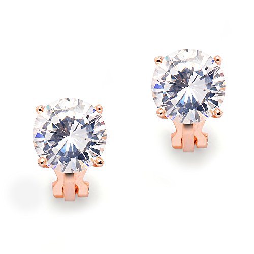 Mariell 3 Carat CZ Clip-On Earrings - 14K Rose Gold Plated 9.5mm Round Solitaire Cubic Zirconia Studs