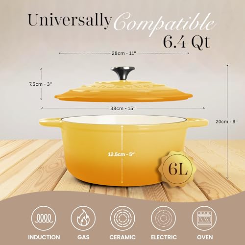 Image of Nuovva Enamelled Cast Iron Dutch Oven Pot with Lid 6.4 Quart Non Stick Casserole Pot-Heavy Duty & Oven Safe up to 500 F for Bread Baking, Braising, Stews, Roasting - 28cm Yellow