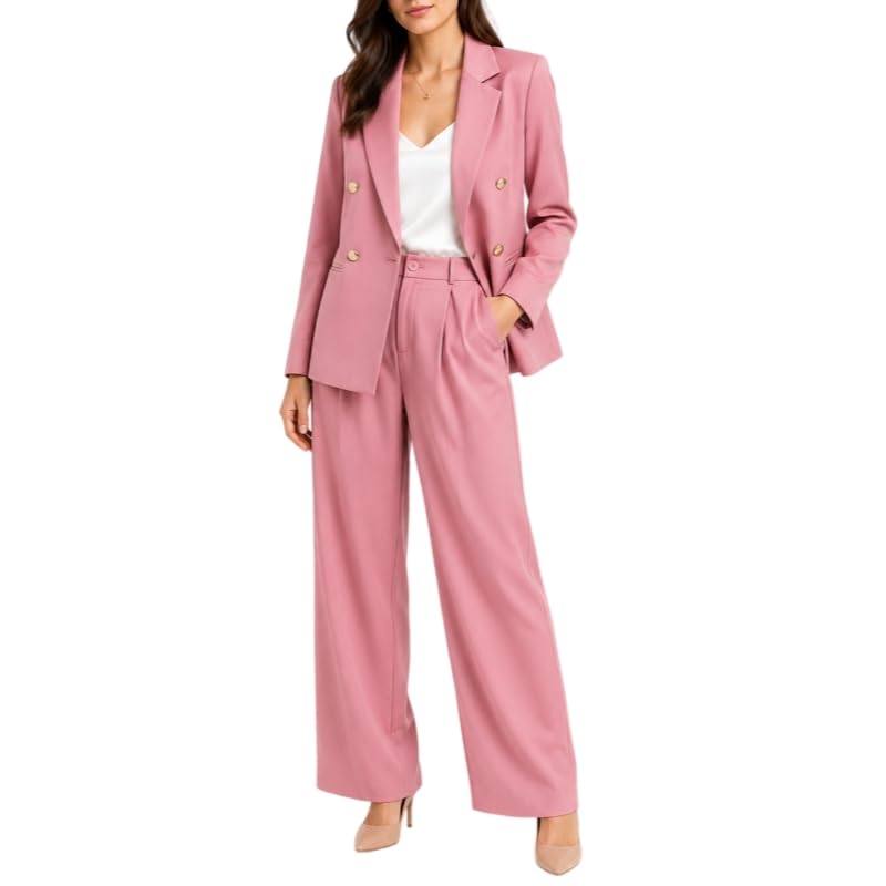 Ensemble tailleur deux pièces femme blazer rose et pantalon large chic tenue de bureau XL