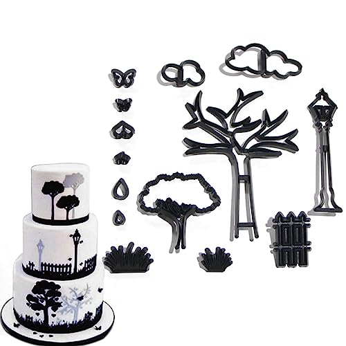 Juego de moldes para decoración de pasteles de fondant, cortador de galletas, pastelería, galletas, herramientas para hornear, árbol de mariposa, nube, calle, torta