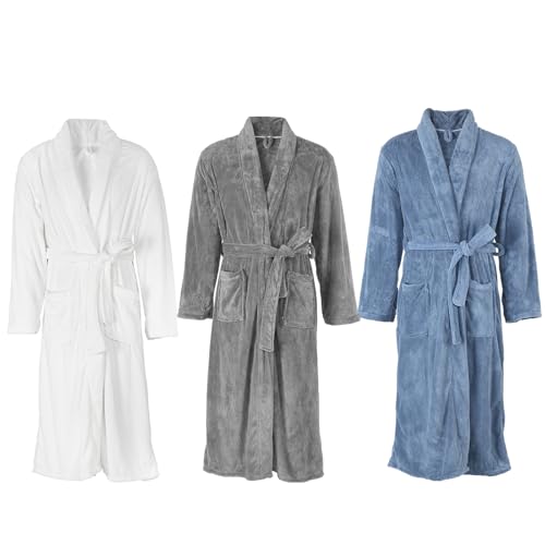 3 Pcs Warm Coral Fleece Bath Robes 3 Solid Color Soft Robe Soft Women Men's Bathrobes Unisex Spa Fuzzy Night Robe with Pockets, Generously Sized2