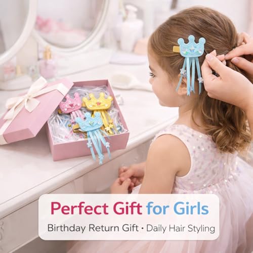 Image of Kids Glitter Crown & Princess Ribbon Alligator Hair Clips, 10 Pcs | Non-slip toddler hair accessories with tassel and storage box. Ideal gift for school, birthday, and princess parties.