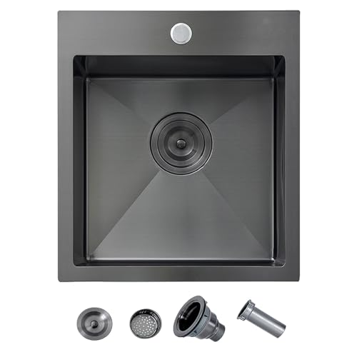 Image of 15 Inch Drop In Bar Sink, Gunmetal Black 15x17x9 Topmount Stainless Steel Single Bowl Wet Bar Prep RV Outdoor Small Kitchen Sinks 16 Guage with Drain