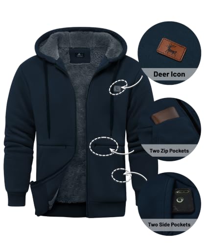Image of Little Beauty Fleece Hoodies for Men Winter Thick Jackets Sherpa Lined Zip Up Sweatshirt With Kanga Pocket