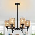 Airposta Rattan Farmhouse Chandelier for Dining Room, Black Pendant Lights Kitchen Island Lighting, Boho Chandeliers Ceiling Hanging Lamp, Rustic Dining Room Light Fixture for Living Room Bedroom Hall