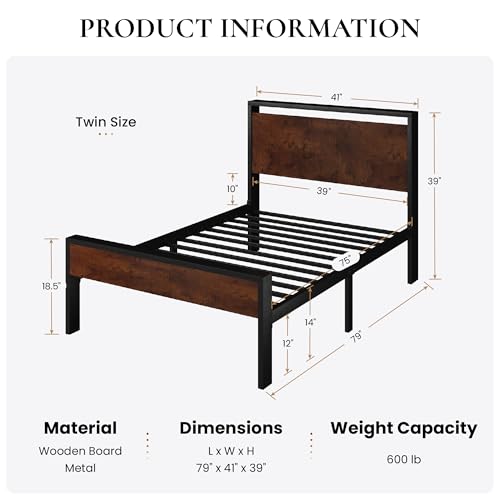 SHA CERLIN 14 Inch Twin Size Metal Platform Bed Frame with Wooden Headboard and Footboard, Mattress Foundation, No Box Spring Needed, Large Under Bed Storage, Heavy Duty Slats Support, Mahogany