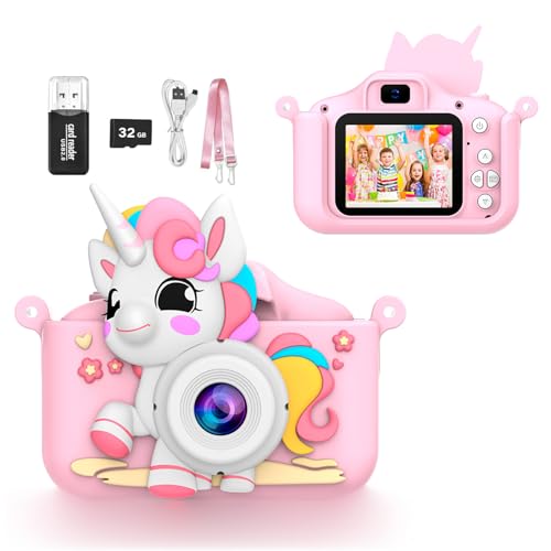 Kids Toy Camera Toddler Digital Camera Portable Video Digital Camera for 3-12 Years Old Boys and Girls Kids Christmas Birthday Gift with 32G SD Card and USB Card Reader (Unicorn-Pink)
