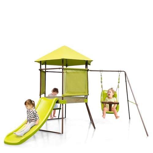 KOMFOTTEU Kinder Spielturm Klettergerüst, 4 in 1 Kinderspielplatz mit Rutsche, Klettergerüst, Sandkasten & Kinderschaukel, Kletterturm Spielhaus für Kinder von 3-7 Jahren