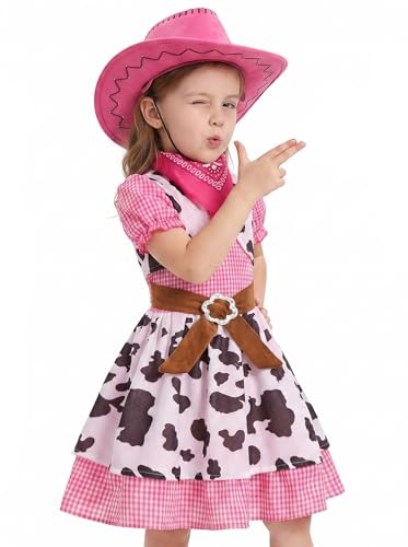 Ekoropshop Cowgirl Costume for girls West Cowgirl Halloween Outfit Dress with Pink Cowboy Hat-S