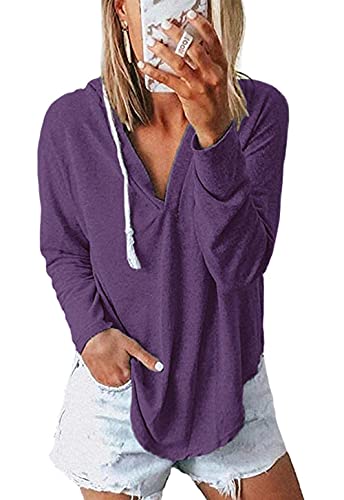Image of Womens Long Sleeve V Neck Hoodie Sweatshirts Lightweight Pullover Tops