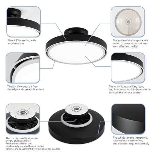 Klmeiday Bladeless Ceiling Fans with Lights and Remote, Flush Mount Modern Ceiling Fan with Light, 6 Speeds, Stepless dimming & 3000-6000K CCT LED Lights for Bedroom, Living Room (Black) by Klmeiday - Used condition - Image 11