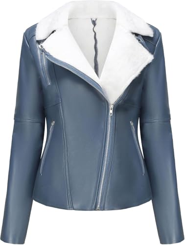 Chaqueta Recortada De Cuero Sintético para Mujer, Chaqueta De Cuero con Capucha De Imitación Lamsbkin, Abrigo De Piel, Chaqueta De Moto De Cizallamiento Sintético,Azul,L