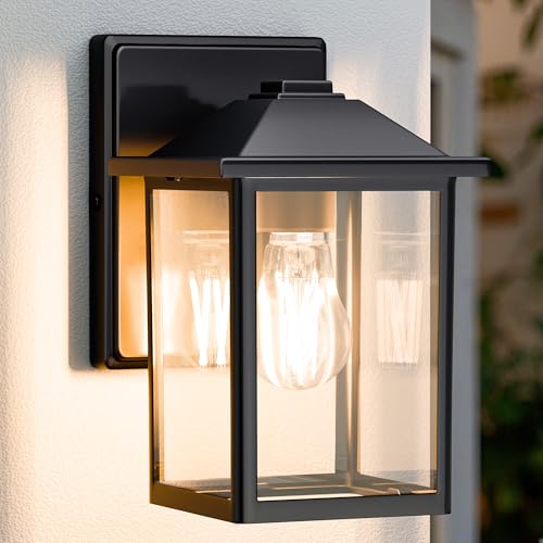 MATAMEYE Outdoor Wall Lantern, Exterior Waterproof Wall Sconce Light Fixture, Black Front Door Mounted Lighting with Clear Glass, Anti-Rust Porch Lamp